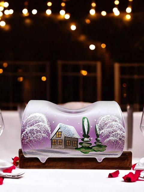 Purple Glass Single Candle Holder - White Church Yule Log Style