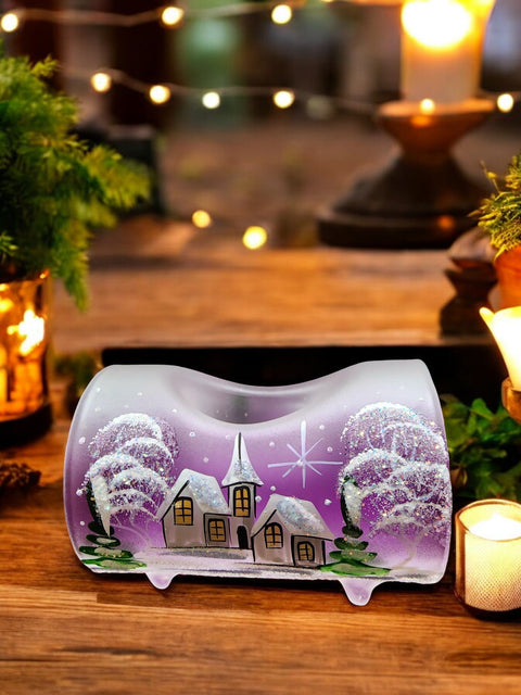 Purple Glass Single Candle Holder - White Church Yule Log Style