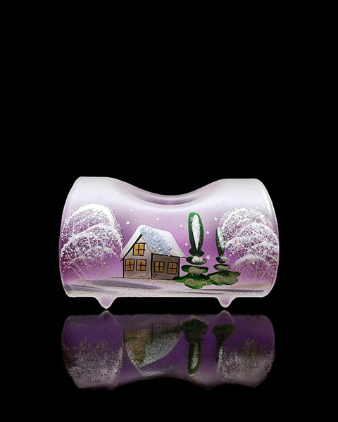 Purple Glass Single Candle Holder - White Church Yule Log Style