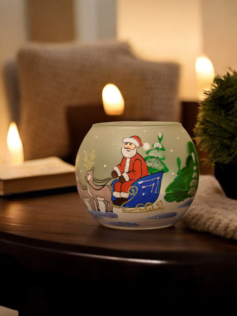 Glass Candle Holder - Santa Claus In Sleigh Design