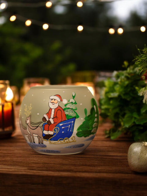 Glass Candle Holder - Santa Claus In Sleigh Design