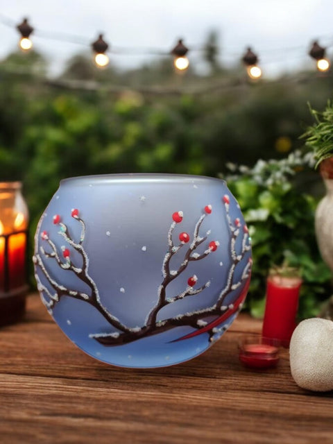 Light Blue Glass Candle Holder - Red Cardinal- Multiple Sizes