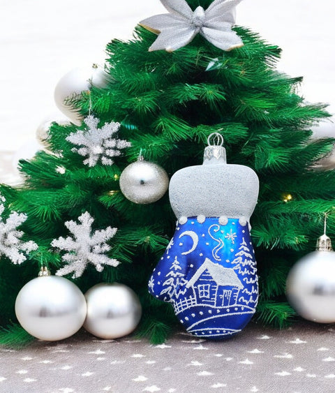 Hand Decorated Glass Keepsake Ornament - Charming Large Blue Mitten Design