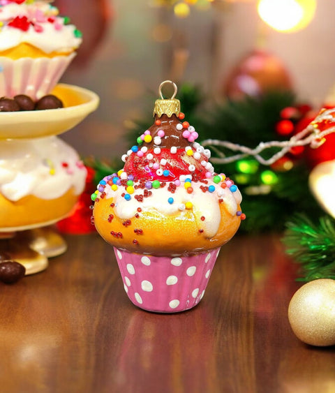 Hand Decorated Glass Keepsake Ornament - Charming Cupcake Design