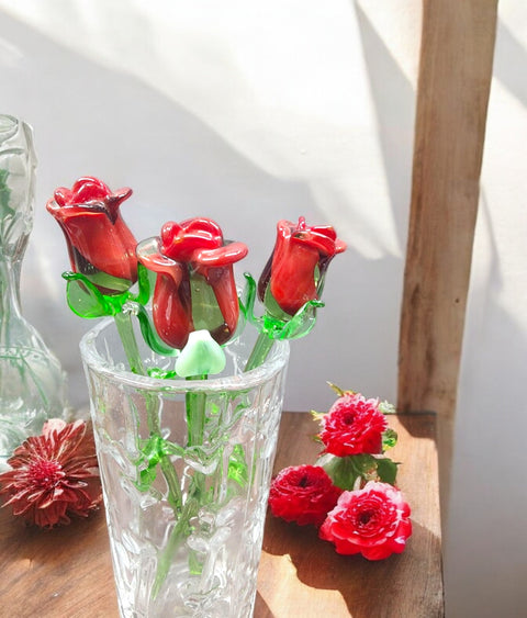 Red Glass Rose - Handcrafted Medium Stem Flower