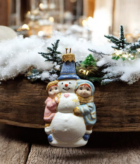 Hand Decorated Glass Keepsake Ornament - Charming Snowman & Kids