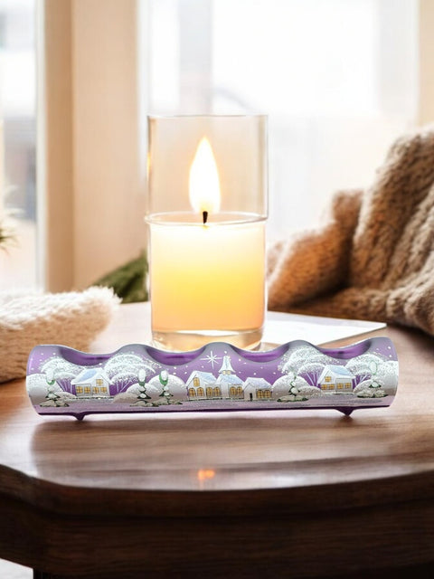 Purple Glass Quad Candle Holder - White Church  Yule Log Style