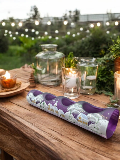 Purple Glass Quad Candle Holder - White Church  Yule Log Style