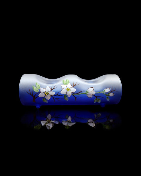 Blue Glass Double Candle Holder - Dogwood Flower Yule Log Style