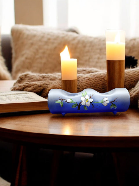 Blue Glass Double Candle Holder - Dogwood Flower Yule Log Style