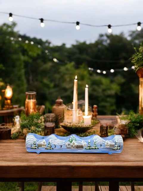 Light Blue Glass Quad Candle Holder - White Cabins Yule Log Style