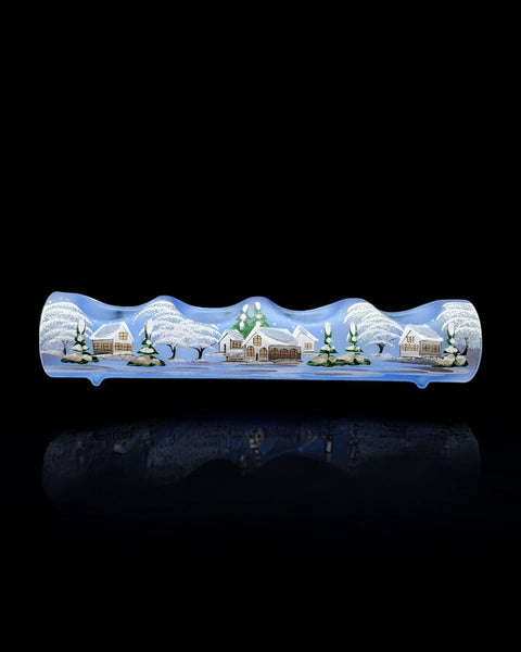 Light Blue Glass Quad Candle Holder - White Cabins  Yule Log Style