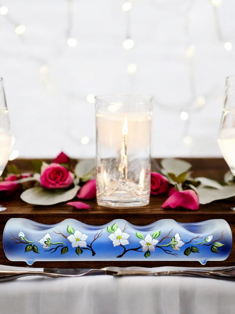 Blue Glass Quad Candle Holder - Dogwood Flower Yule Log Style