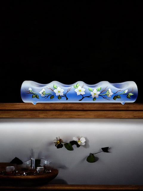 Blue Glass Quad Candle Holder - Dogwood Flower Yule Log Style