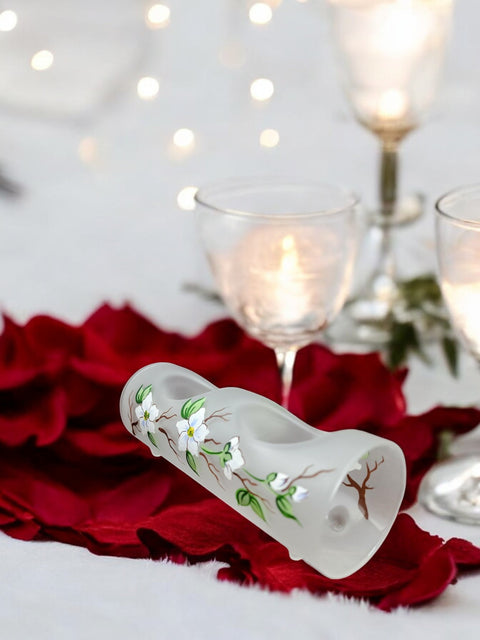 Frosted Glass Double Candle Holder - Dogwood Flower  Yule Log