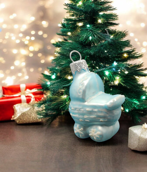 Hand Decorated Glass Keepsake Ornament - Blue Baby Carriage Design