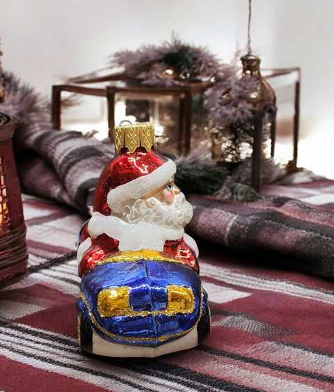 Hand Decorated Glass Keepsake Ornament - Charming Santa In A Car Design