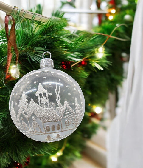 Frosted Blown Glass Ornament - Handcrafted -  Winter Cabins Design