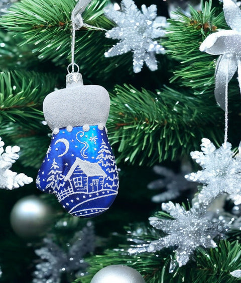 Hand Decorated Glass Keepsake Ornament - Charming Large Blue Mitten Design