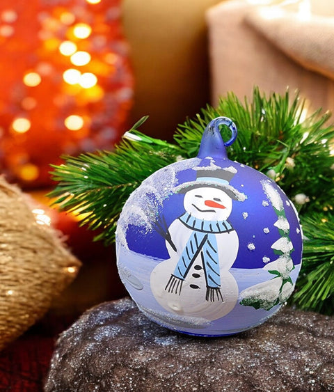 Blue Blown Glass Ornament - Handcrafted -  Snowman Design