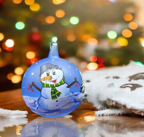 Light Blue Blown Glass Ornament - Handcrafted - Fat Snowman Design