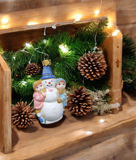 Hand Decorated Glass Keepsake Ornament - Charming Snowman & Kids