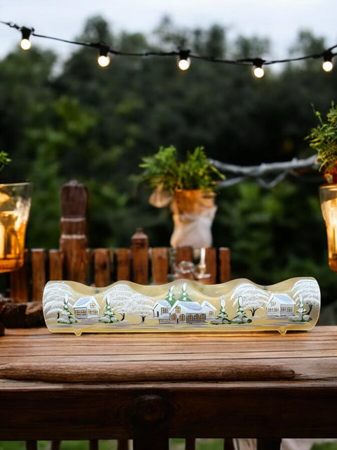 Yellow Glass Quad Candle Holder - White Cabins Yule Log Style