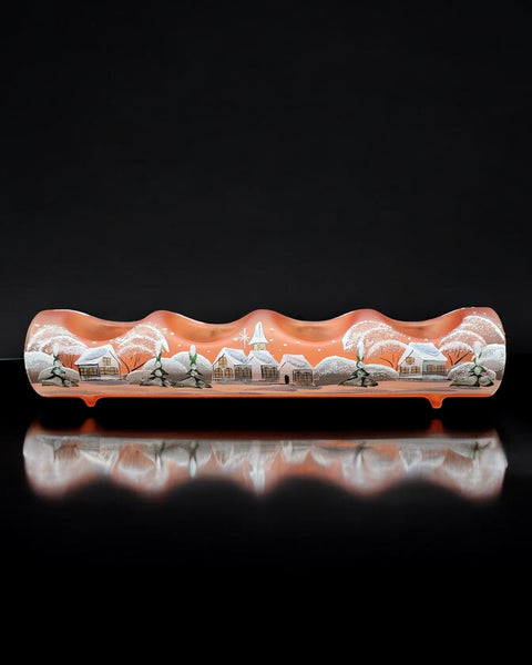 Orange Glass Quad Candle Holder - White Church  Yule Log Style