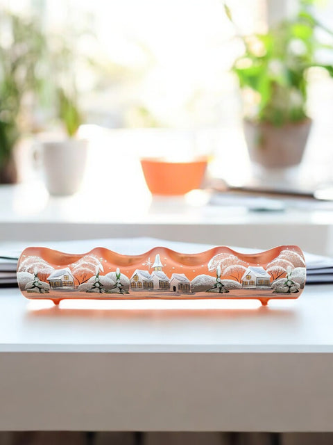 Orange Glass Quad Candle Holder - White Church Yule Log Style