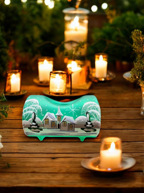 Green Glass Single  Candle Holder - White Church Yule Log Style