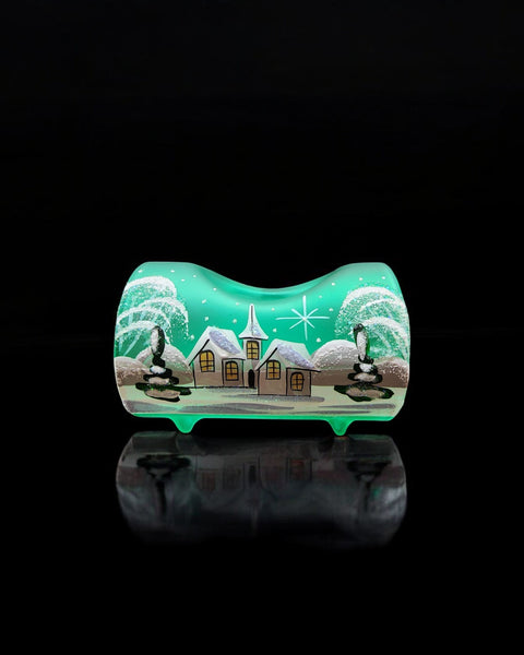 Green Glass Single  Candle Holder - White Church Yule Log Style