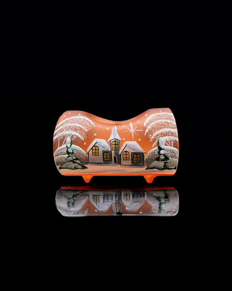 Orange Glass Single Candle Holder - White Church Yule Log Style