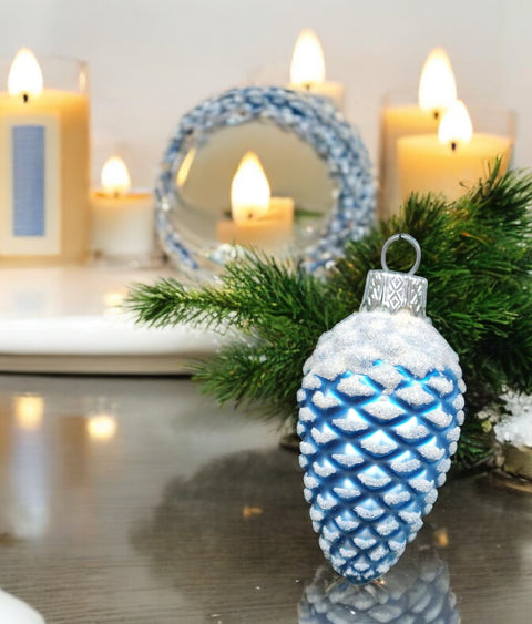 Hand Decorated Glass Keepsake Ornament - Charming Blue Pinecone Design