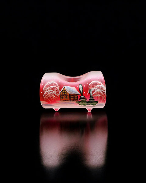 Red Ombre Glass Single Candle Holder  - Brown Church  Yule Log Style