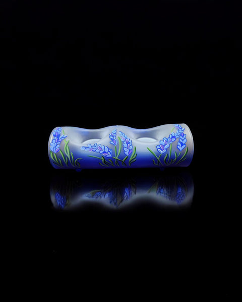 Blue Glass  Double Candle Holder  - Lavender Flower Yule Log Style