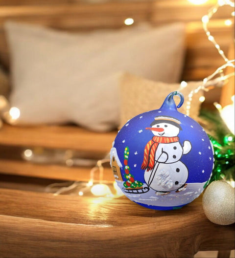 Blue Blown Glass Ornament - Handcrafted -  Snowman w Sleigh Design