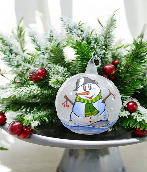 Frosted Blown Glass Ornament - Handcrafted -  Snowman N Christmas Scarf Design