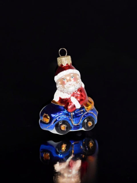 Hand Decorated Glass Keepsake Ornament - Charming Santa In A Car Design