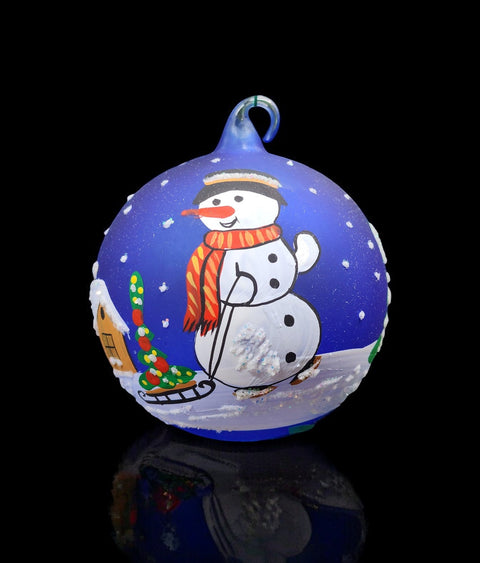 Blue Blown Glass Ornament - Handcrafted -  Snowman w Sleigh Design