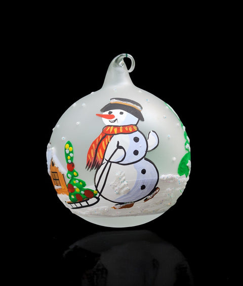 Frosted Blown Glass Ornament - Handcrafted -  Snowman w Sleigh Design