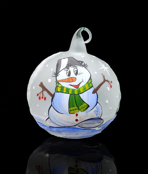 Frosted Blown Glass Ornament - Handcrafted -  Snowman N Christmas Scarf Design