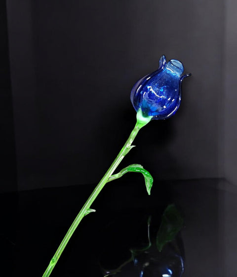 Blue Glass Open Bulb Rose- Handcrafted Long Stem Flower