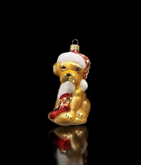 Hand Decorated Glass Keepsake Ornament - Charming Dog w Stocking Design