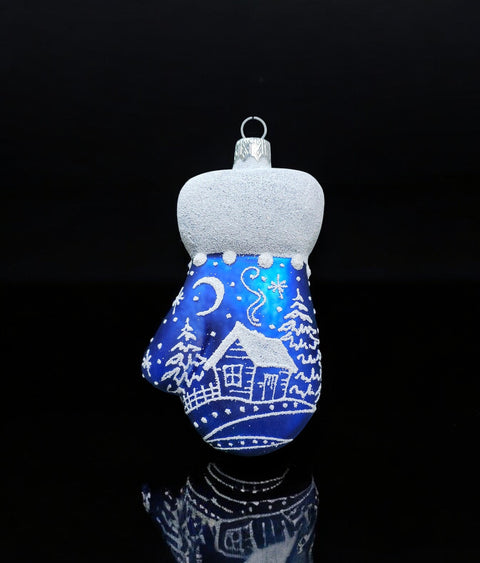 Hand Decorated Glass Keepsake Ornament - Charming Large Blue Mitten Design