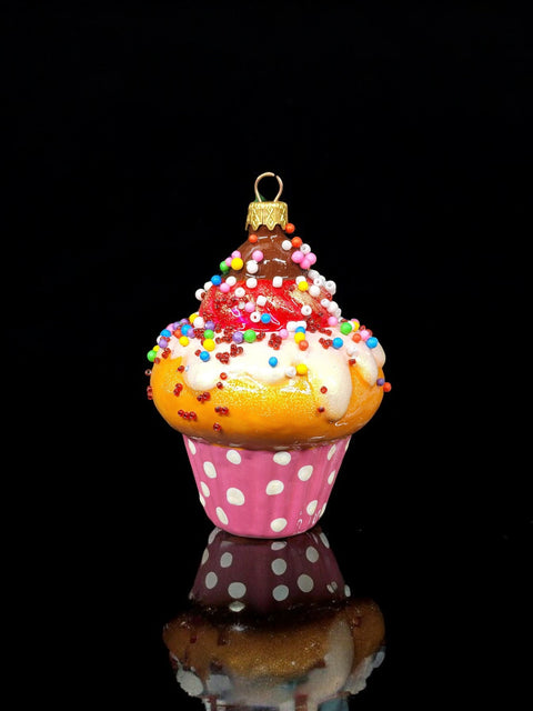 Hand Decorated Glass Keepsake Ornament - Charming Cupcake Design