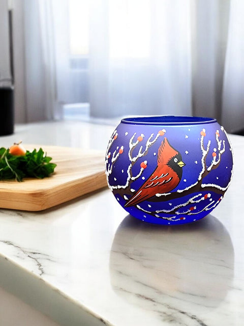 Blue Glass Multiple Sizes Candle Holder  -  Red Cardinal- Multiple Sizes