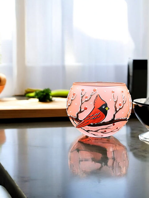 Salmon Pink Glass Candle Holder  -  Red Cardinal - Multiple Sizes