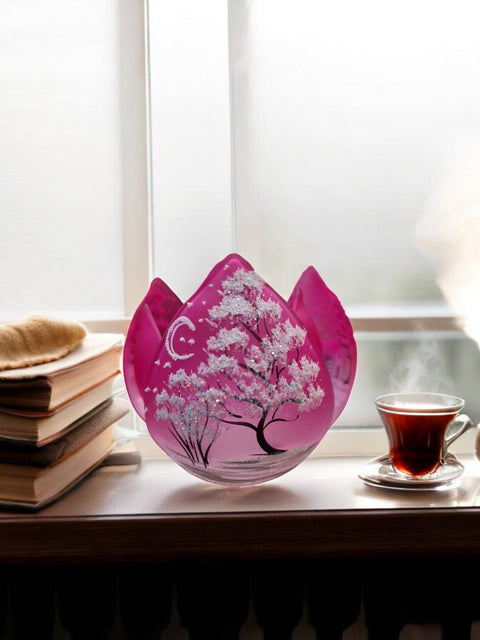 Pink Glass Lotus Blossom Candle Holder  - White Cabins