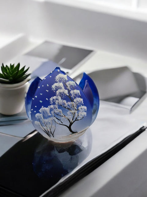 Blue Glass Lotus Blossom Candle Holder  - White Cabins