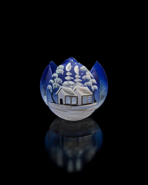 Blue Glass Lotus Blossom Candle Holder  - White Cabins